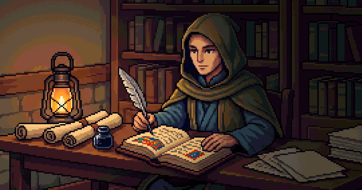 A hooded scribe writing in a book by lantern light, in a stone library.